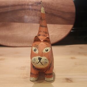Artisan Wooden Cat Sculpture - Orange and Black